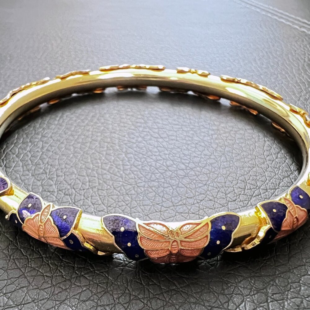 Vintage Cloisonne Champleve Enameled Butterflies Royal Blue Gold Bangle Bracelet